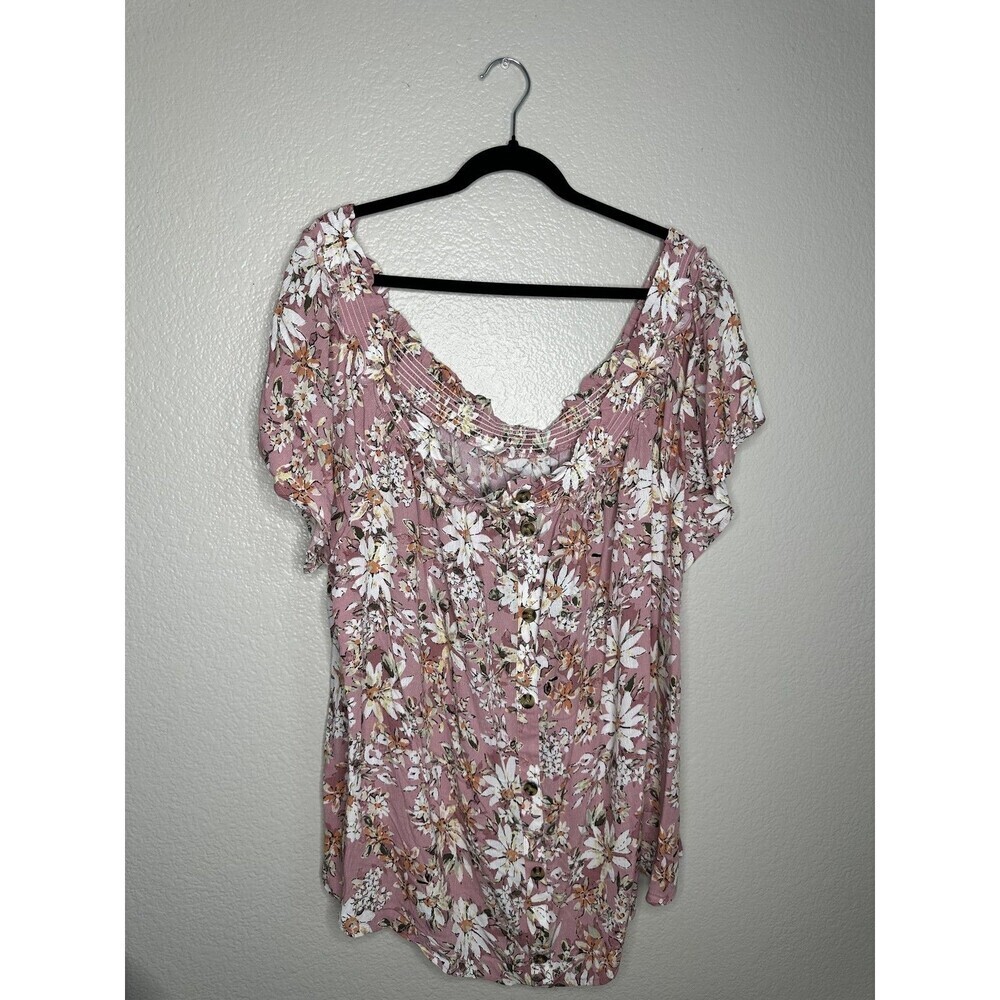 Maurices Shirt Womens 4X Pink White Floral Button Front Rayon Blouse Plus Size